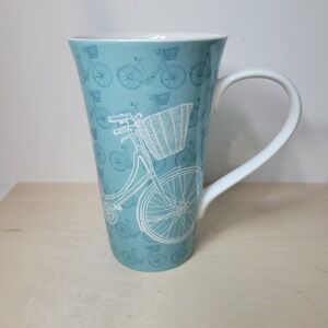 222 Fifth Take A‎ Ride Turquoise Bicycle Basket Tall Latte Coffee Mug